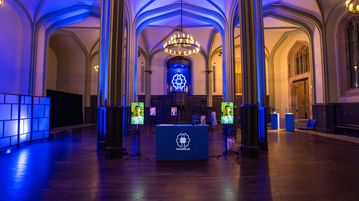 Performance still from Friendly Fire at the Shrink at Schlachthaus Theater Bern, showing the Mindfix chatbot therapy installation